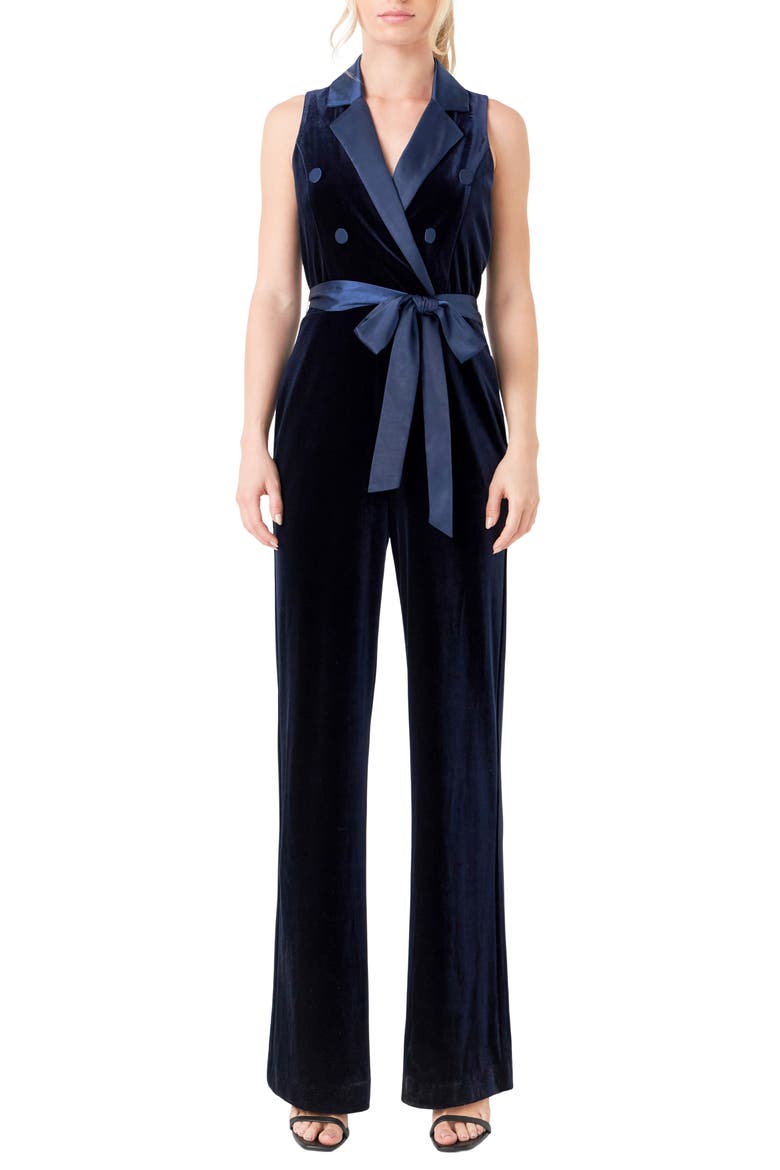 Satin Trim Velvet Jumpsuit, Main, color, NAVY