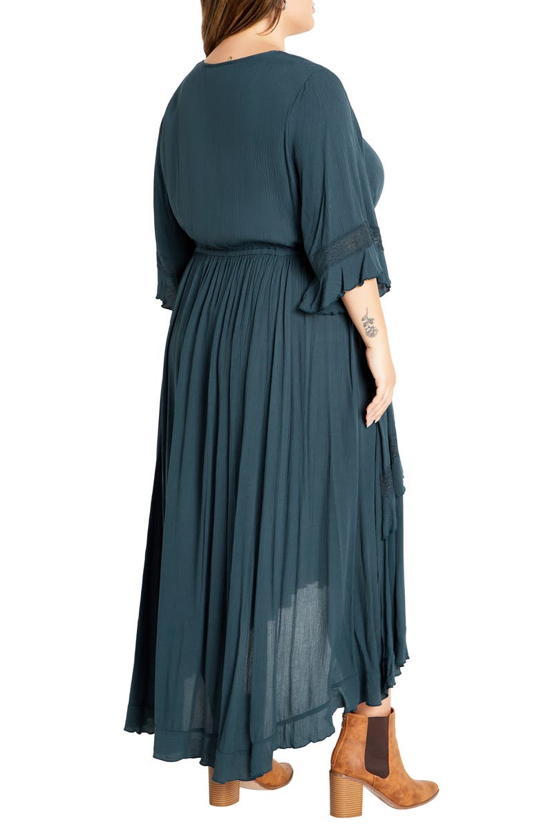 City Chic Rosie Lace Trim High-Low Maxi Dress, Alternate, color, Teal