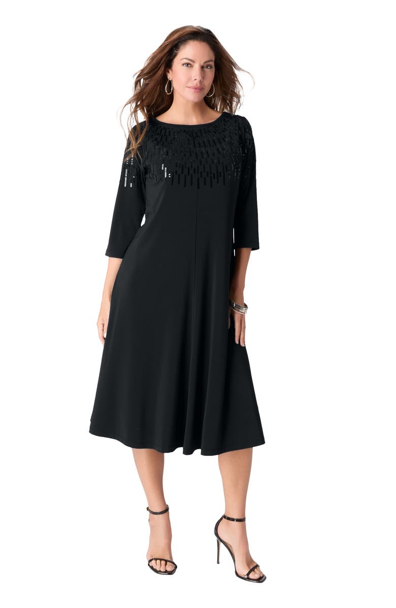 Roaman's Plus Size 3/4 Sleeve Embellished Boatneck Dress, Main, color, Black