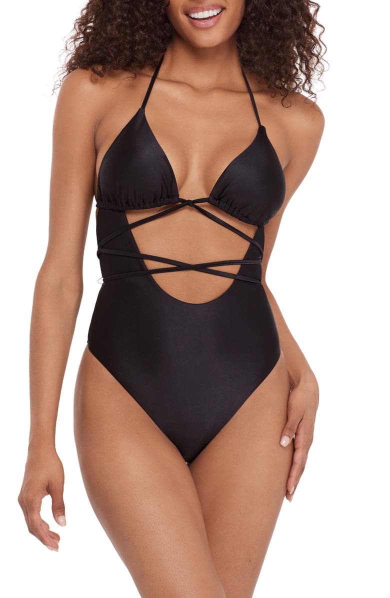 Steve Madden Strappy Cutout One-Piece Swimsuit, Main, color, Raven Black