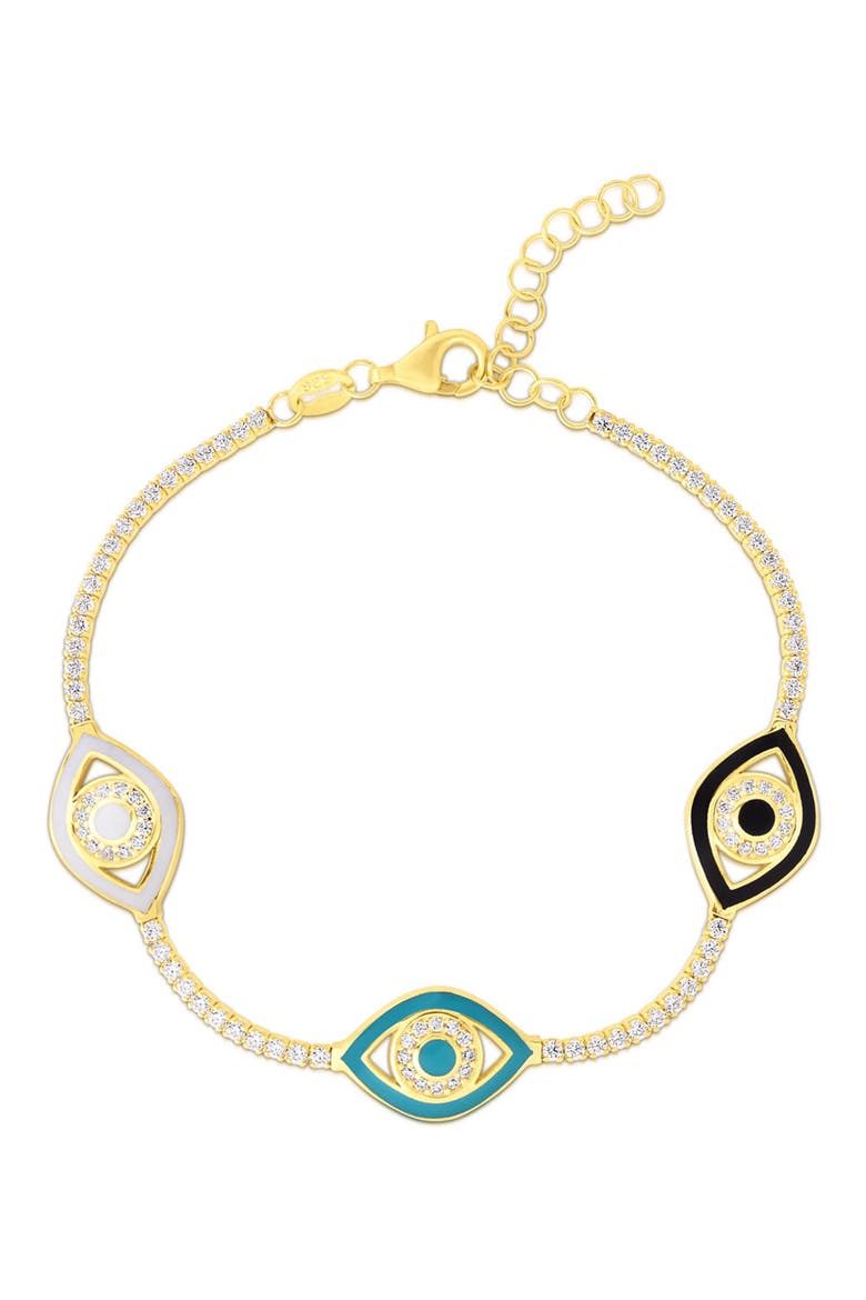 14K Gold Plated Sterling Silver & CZ Evil Eye Bracelet, Main, color, YELLOW GOLD