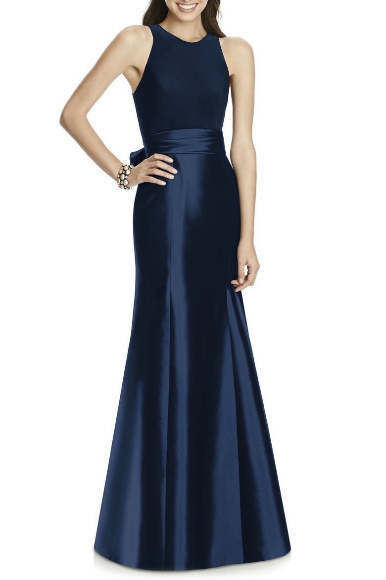 Jersey Bodice Mikado Trumpet Gown, Main, color, MIDNIGHT