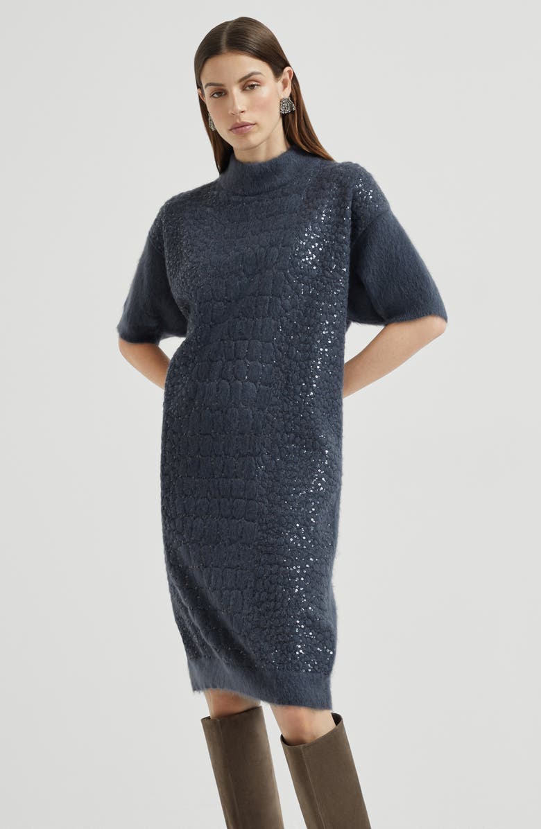 Brunello Cucinelli Dress with dazzling croc motif, Alternate, color, Navy Blue