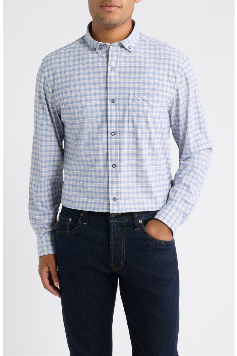XC+™ Motion Gingham Check Knit Button-Up Shirt, Main, color, TAN/ NAVY TWO-TONE GINGHAM