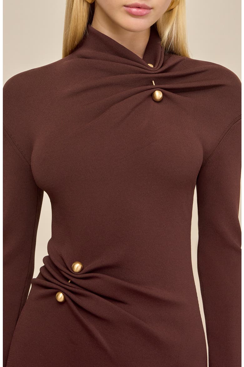 Vera Ruched Mock Neck Long Sleeve Midi Dress, Alternate, color, JAVA
