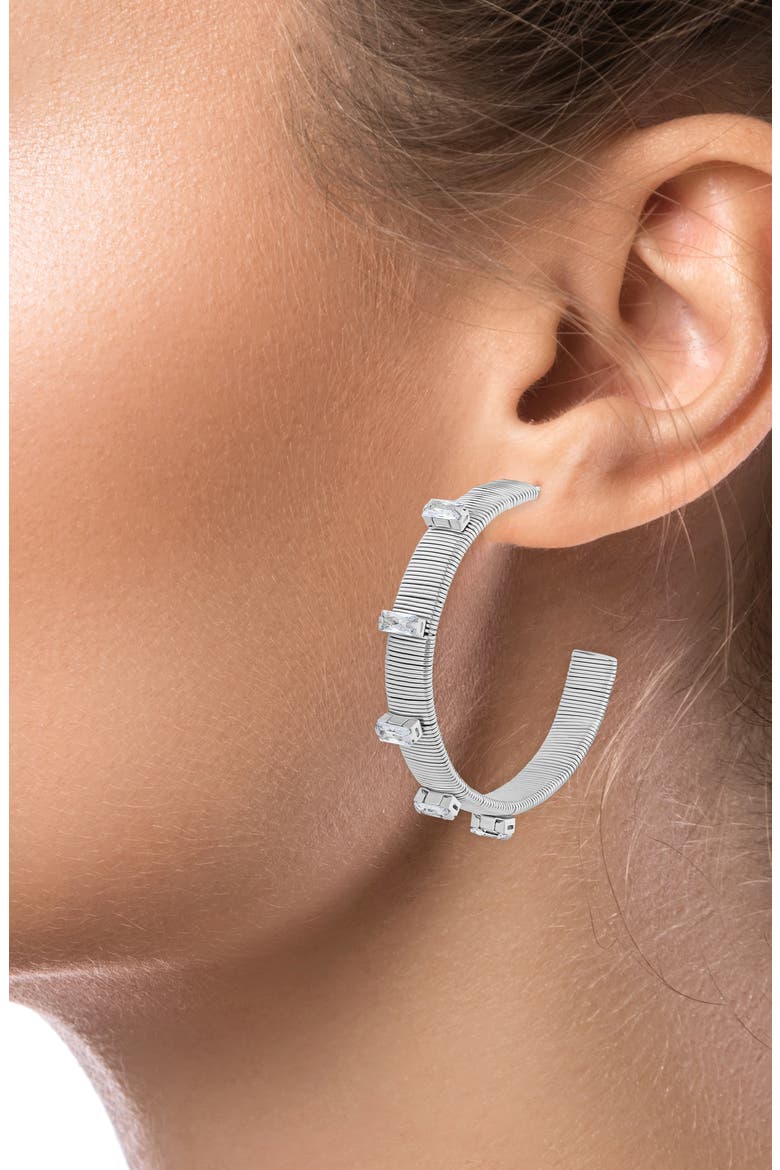 Emerald Cut Cubic Zirconia Cobra Hoop Earrings, Alternate, color, CLEAR SILVER
