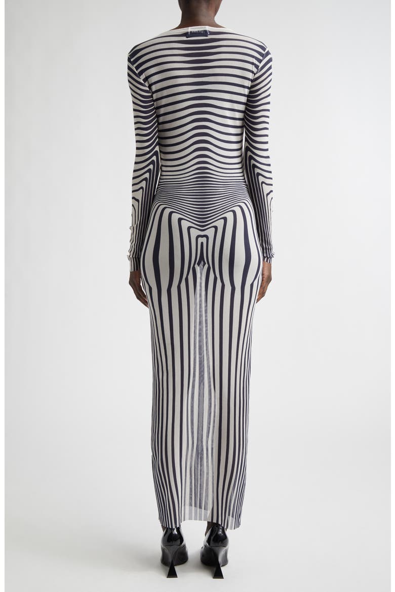 Re-Edition Body Morphing Trompe l'Oeil Long Sleeve Mesh Dress, Alternate, color, ECRU/ NAVY