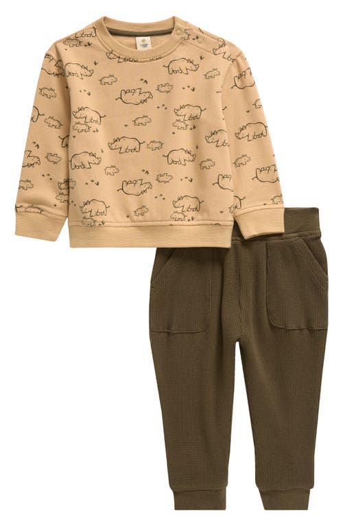 Tucker + Tate Rhino Print Sweatshirt & Joggers in Tan Rhino Family- Olive 