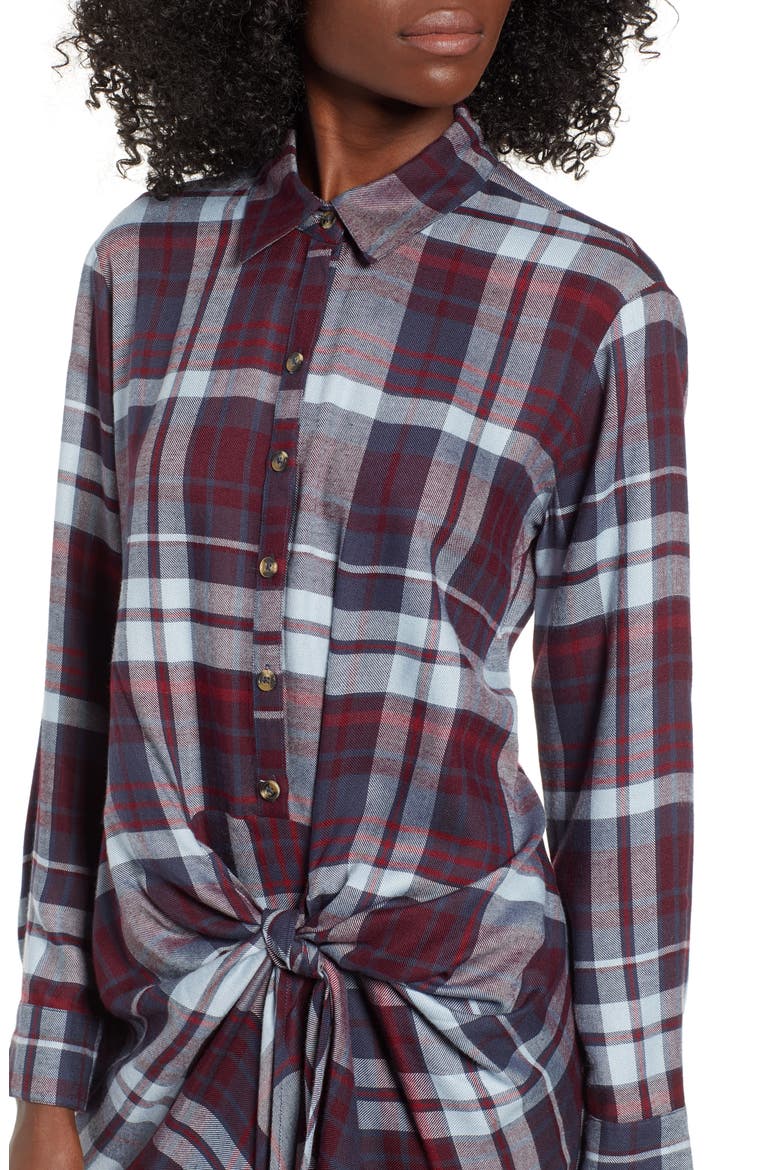 Plaid Tie Waist Shirtdress, Alternate, color, WINE/ BLUE