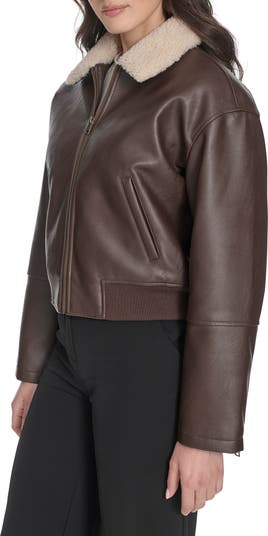 Faux Leather Bomber Jacket with Faux Shearling Collar