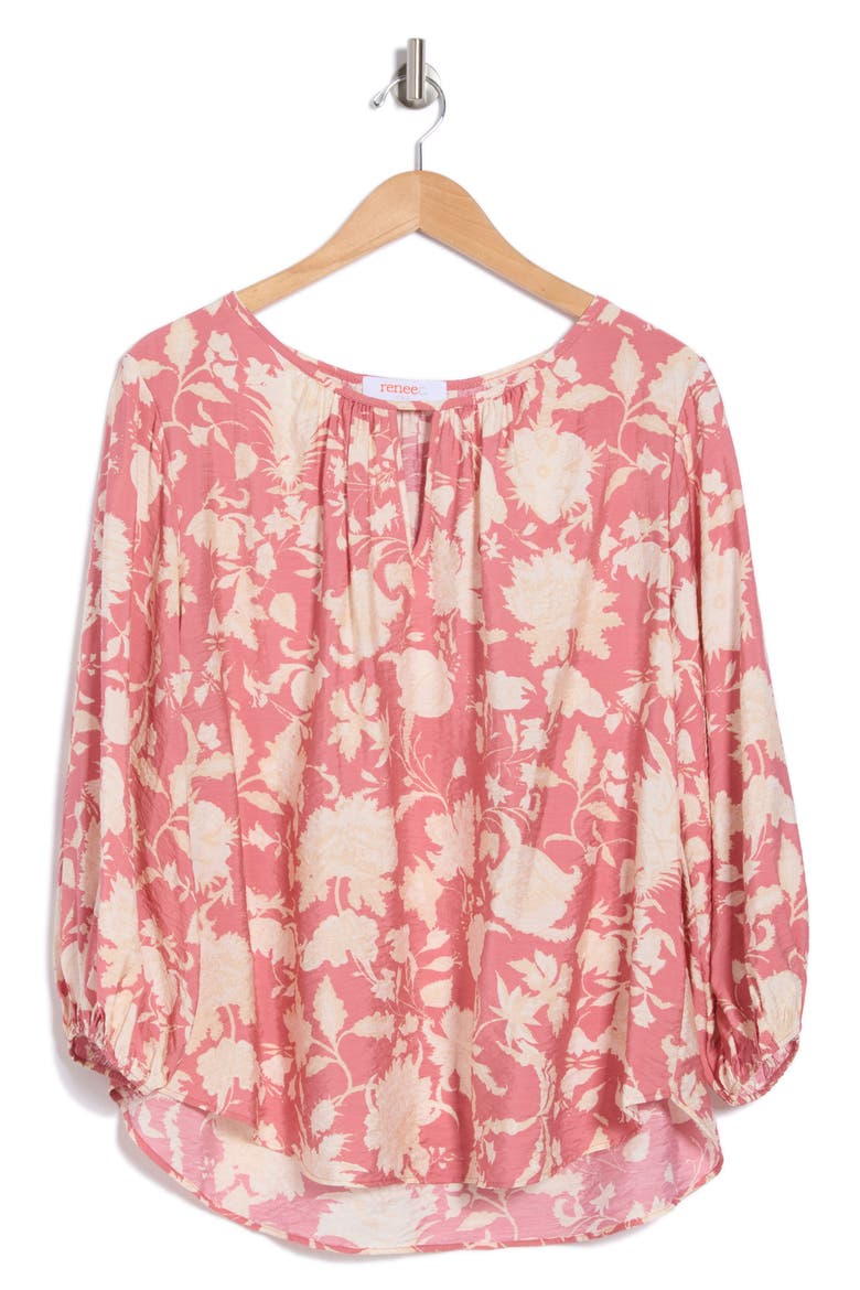 Floral Keyhole Long Sleeve Top, Alternate, color, PINK