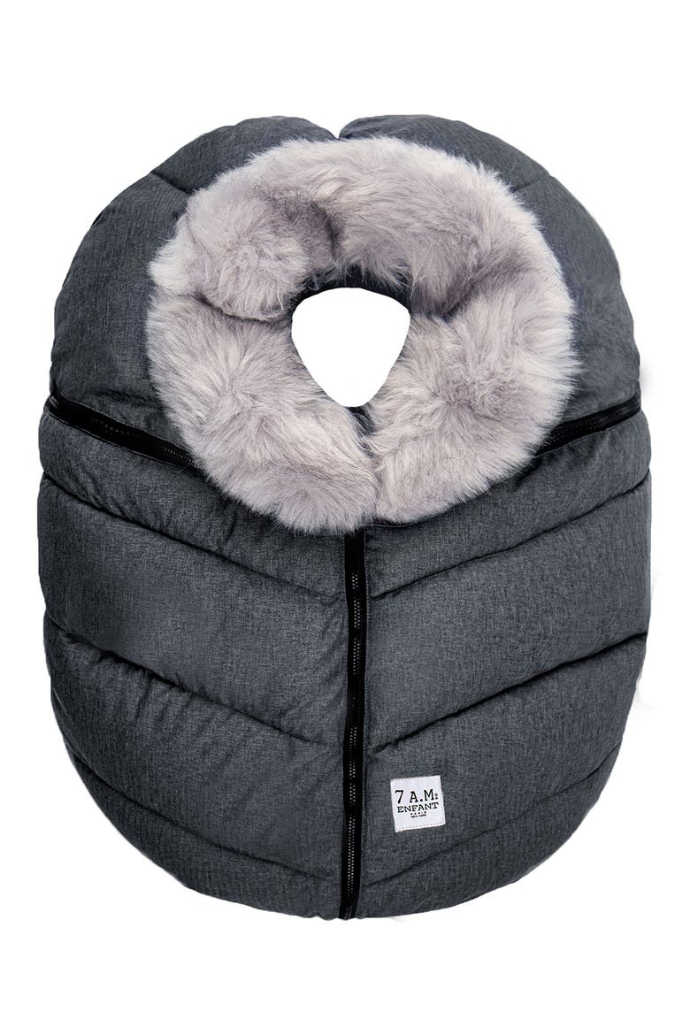 Water Repellent Faux Fur Trim Car Seat Cocoon, Main, color, DARK HEATHER GREY FAUX FUR