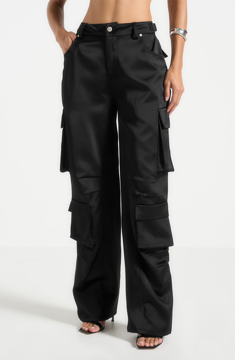 Manière De Voir Emilie Satin High Waisted Cargo Pants, Alternate, color, Black