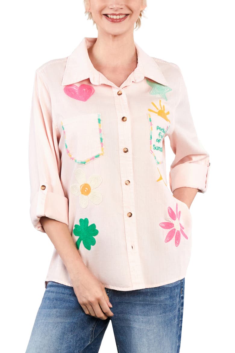 Pocketful of Sunshine Embroidered Denim Graphic Button-Up Shirt, Alternate, color, BLUSH