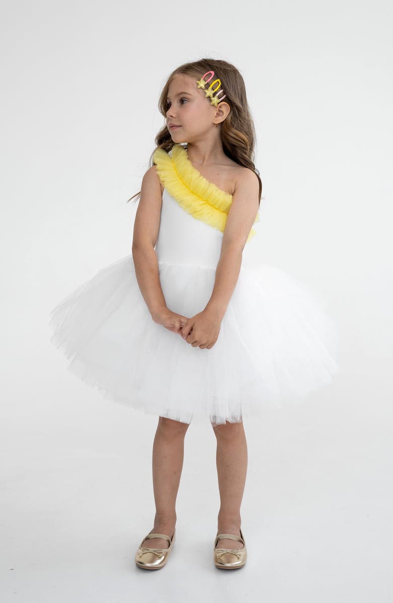Mini Celebrities Fiona One Shoulder Ruffle Tulle Dress, Main, color, White Lily Yellow Ruffle