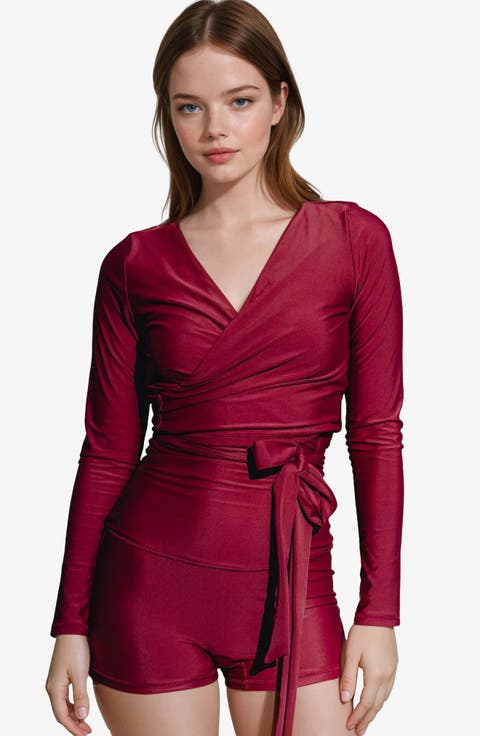 Avery 2-Piece Long Sleeve Wrap Swim Set With Reversible Top and Tummy Control Shorts