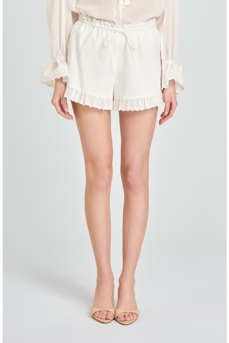 Helena Eyelet Ruffle Stretch Cotton Shorts, Main, color, IVORY