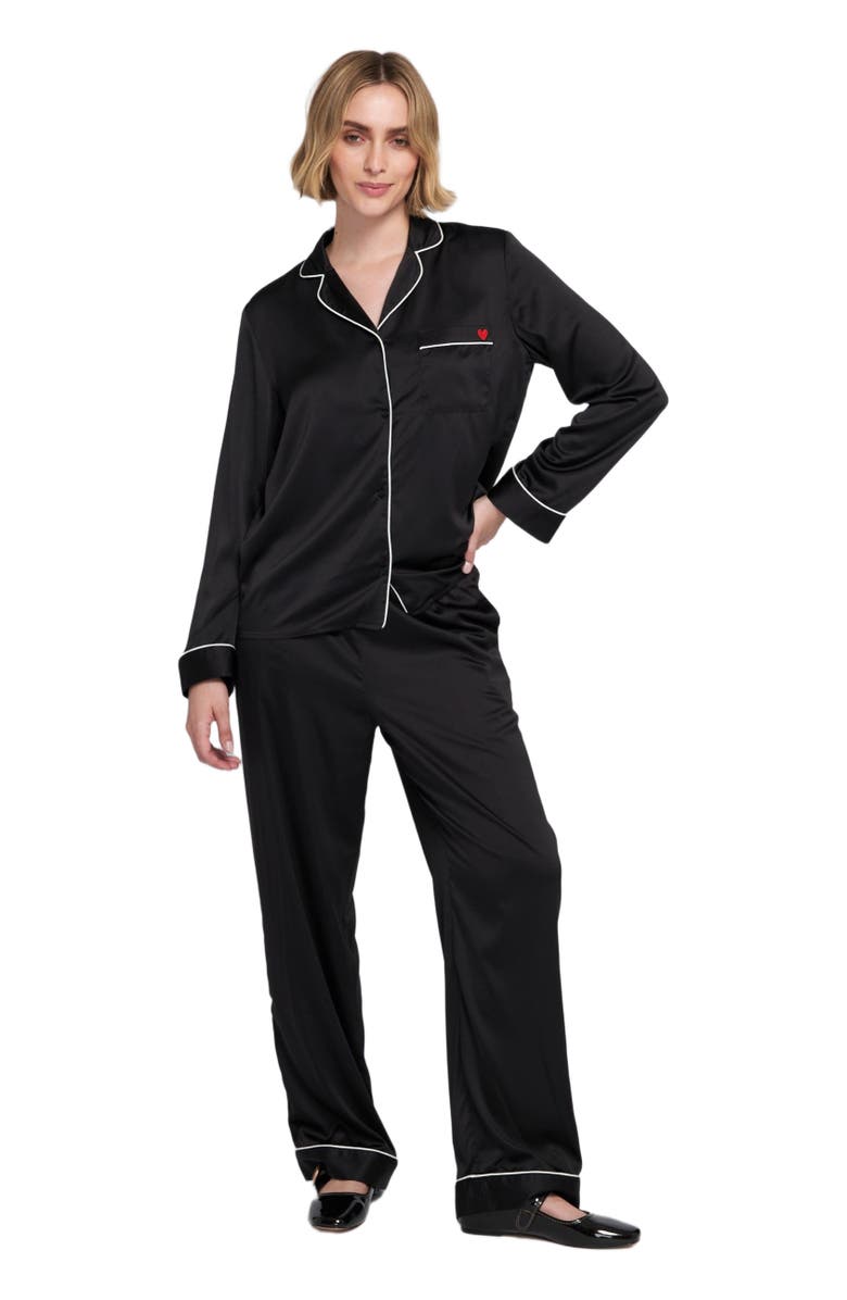 ELLE Collection Satin PJ Set Long Pajama, Alternate, color, Black/Ivory