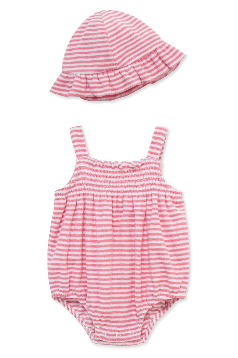 Stripe Terry Bubble Romper & Sun Hat Set, Main, color, PINK