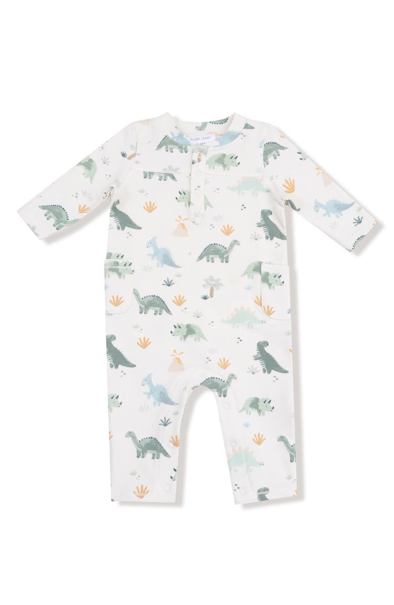 Angel Dear Soft Dinos French Terry Romper, Main, color, White/ Green