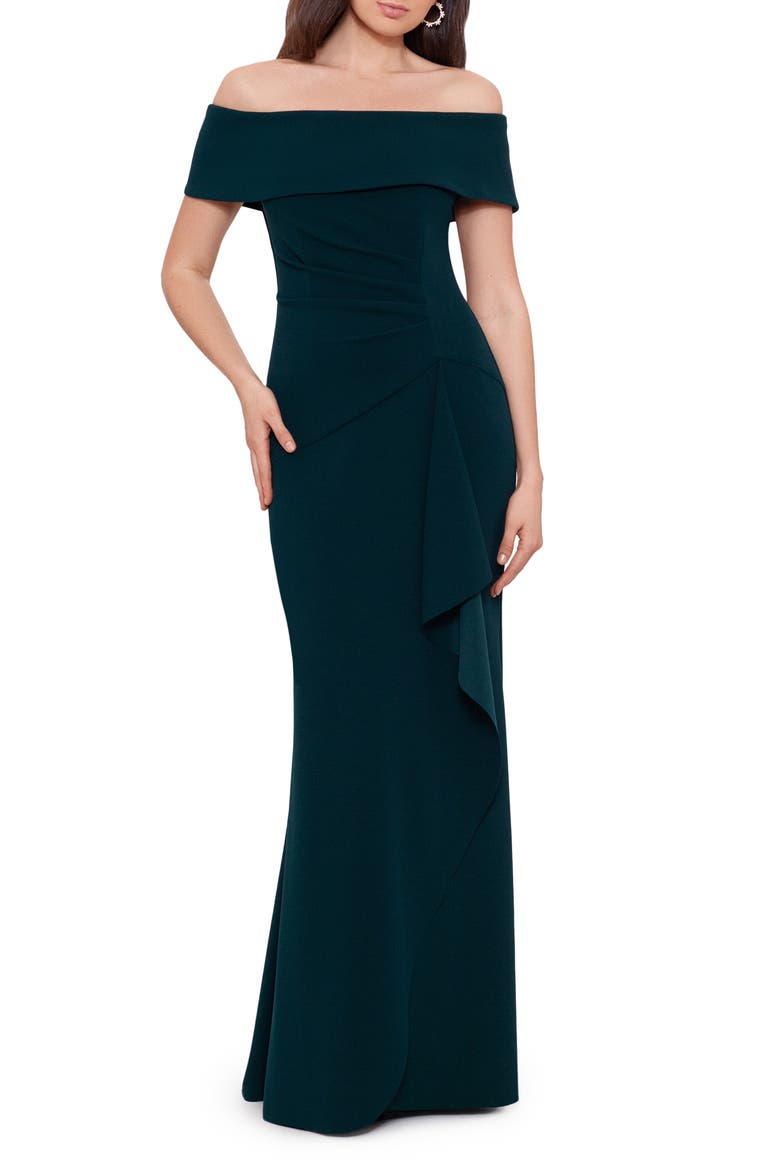 Xscape Off the Shoulder Crepe Evening Dress, Main, color, PINE