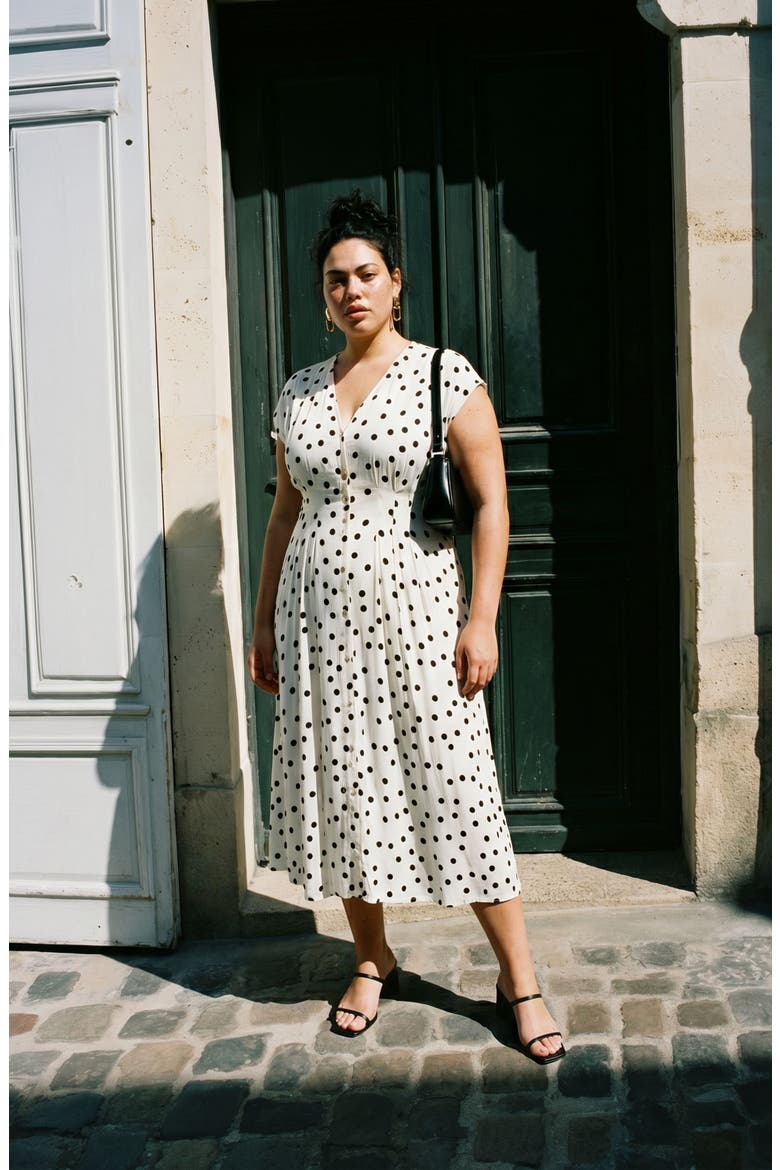 Dot Print Cap Sleeve Button Front Midi Dress, Alternate, color, SNOW WHITE/ BLACK DOT