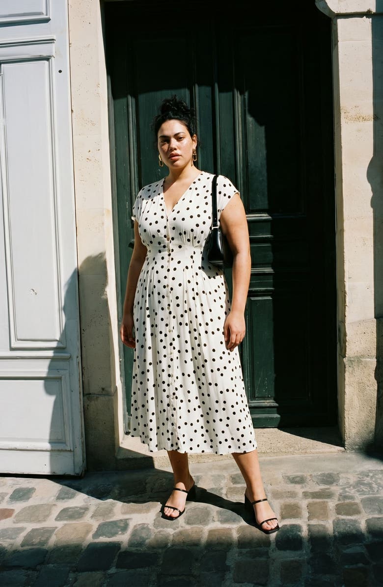 VERO MODA Dot Print Cap Sleeve Button Front Midi Dress, Alternate, color, Snow White/ Black Dot