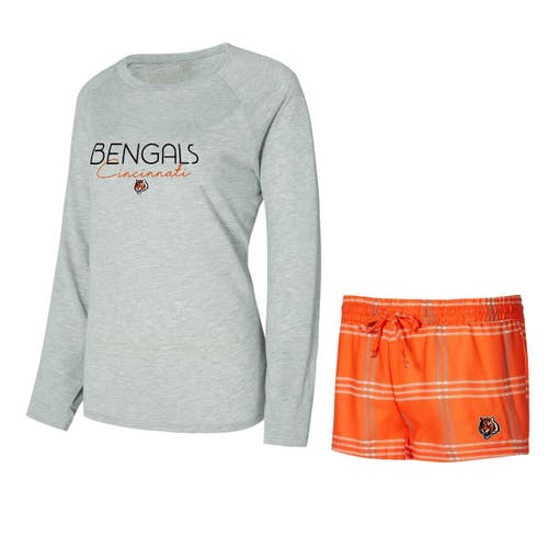 Concepts Sport Orange/gray Cincinnati Bengals Petition Raglan Long Sleeve T-shirt And Shorts Set