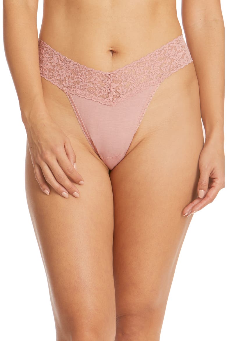 Cotton & Stretch Lace Original Rise Thong, Main, color, ROOIBOS BEIGE