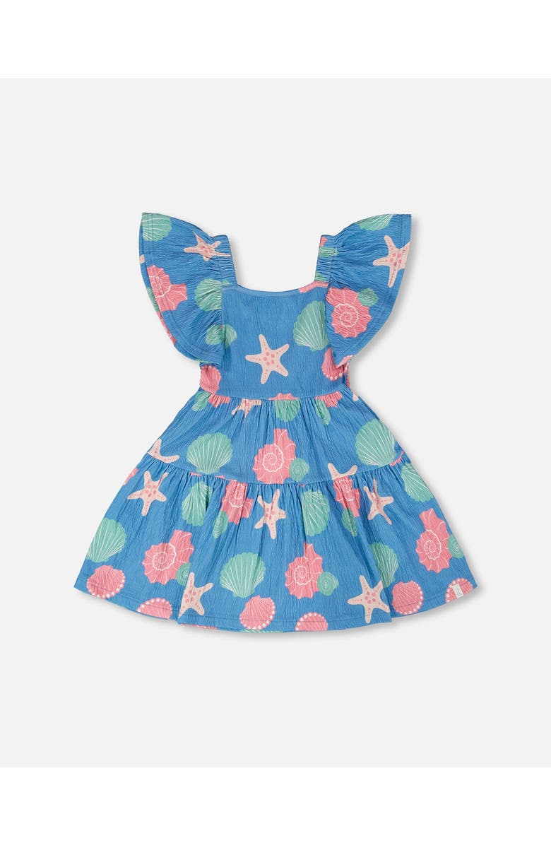 Deux par Deux Short Sleeve Crinkle Jersey Shell Dress, Main, color, Blue Seashell Print