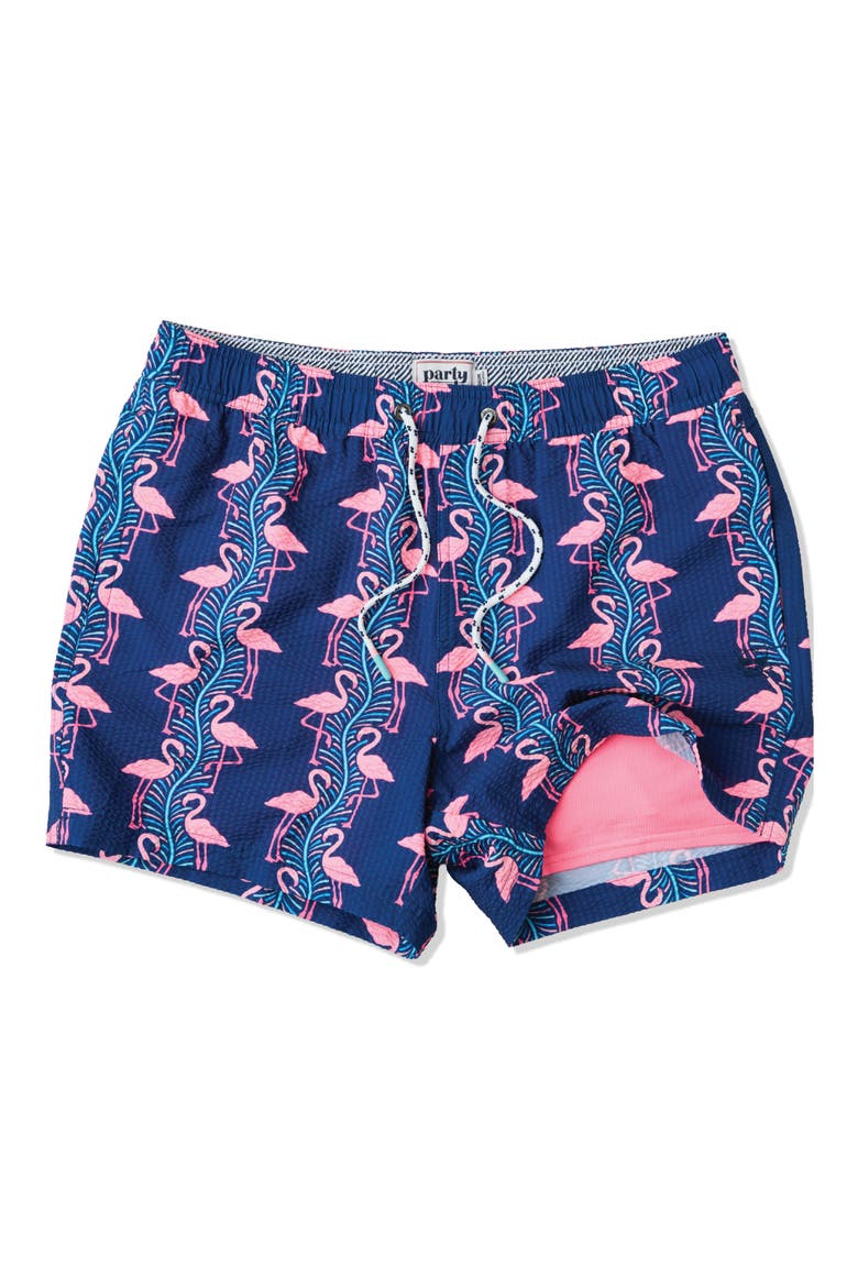 Flamingles Party Starter 5-Inch Swim Trunks, Main, color, NAVY BLUE