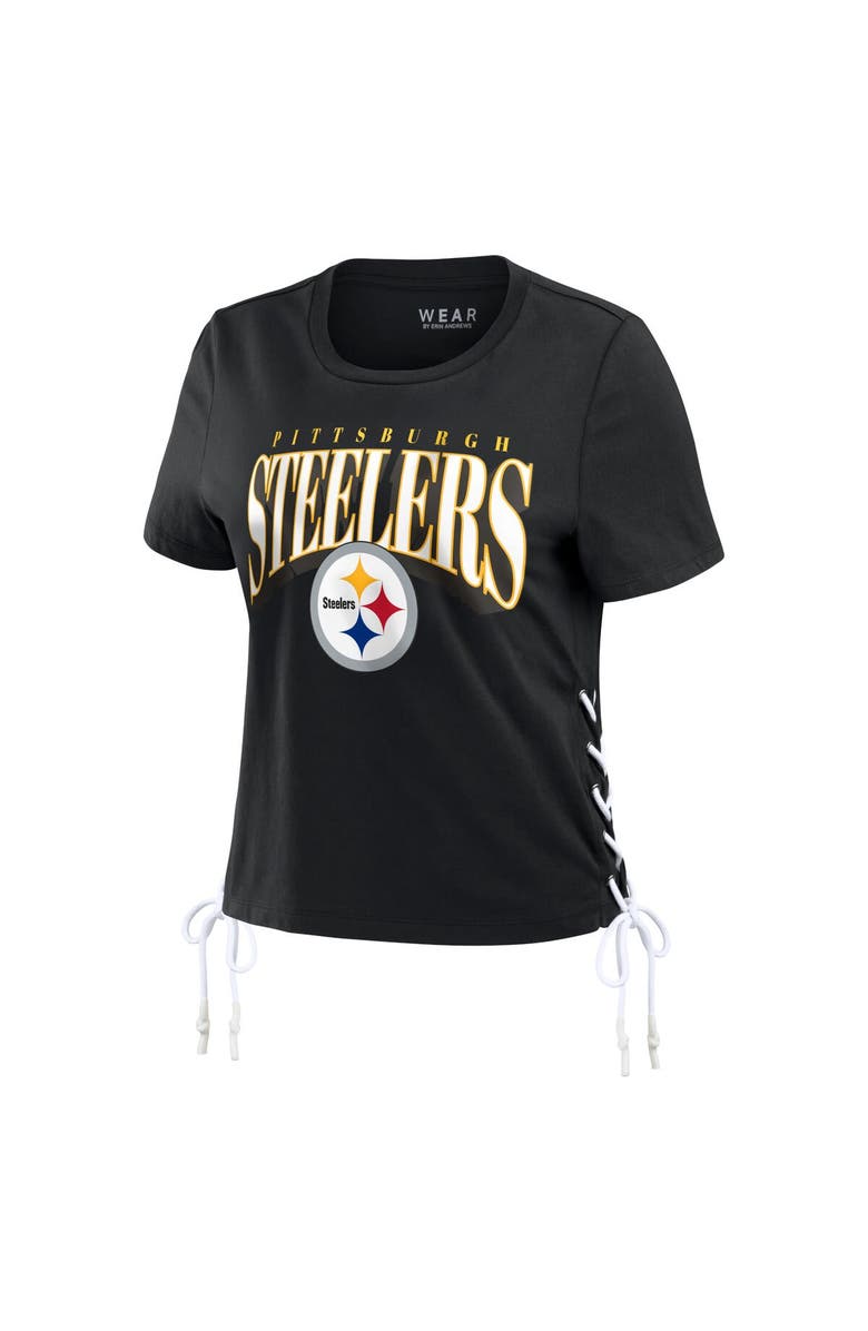 WEAR by Erin Andrews Women's WEAR by Erin Andrews Black Pittsburgh Steelers Lace Up Side Modest Cropped T-Shirt, Alternate, color, Black