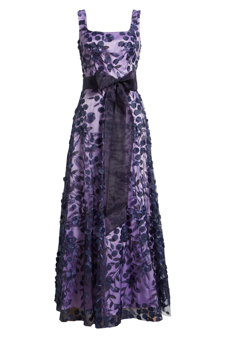 Embroidered Floral Illusion Ballgown, Alternate, color, NAVY LILAC