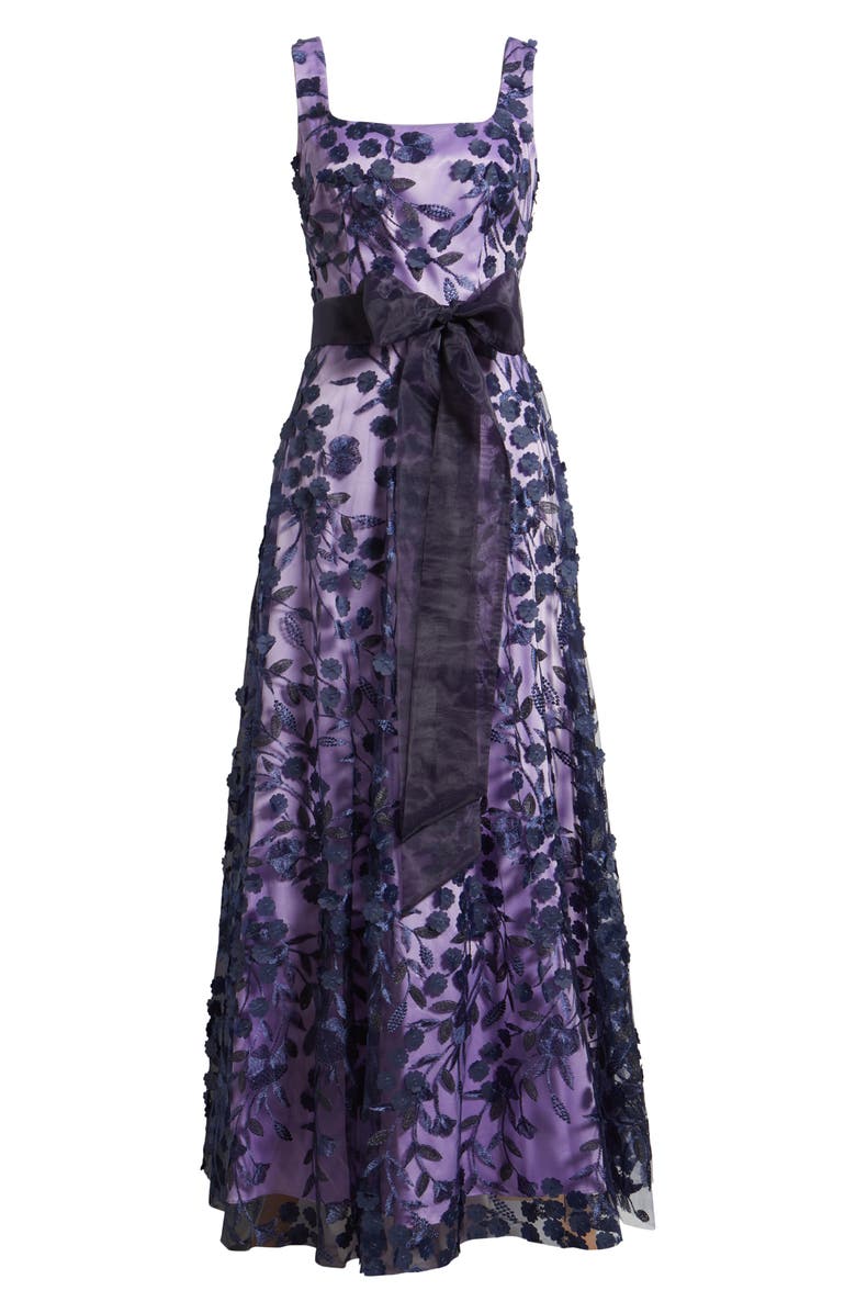 Eliza J Embroidered Floral Illusion Ballgown, Alternate, color, Navy Lilac