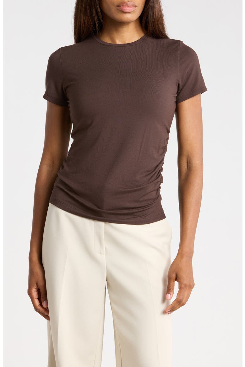 Crewneck Ruched T-Shirt, Main, color, DARK COFFEE