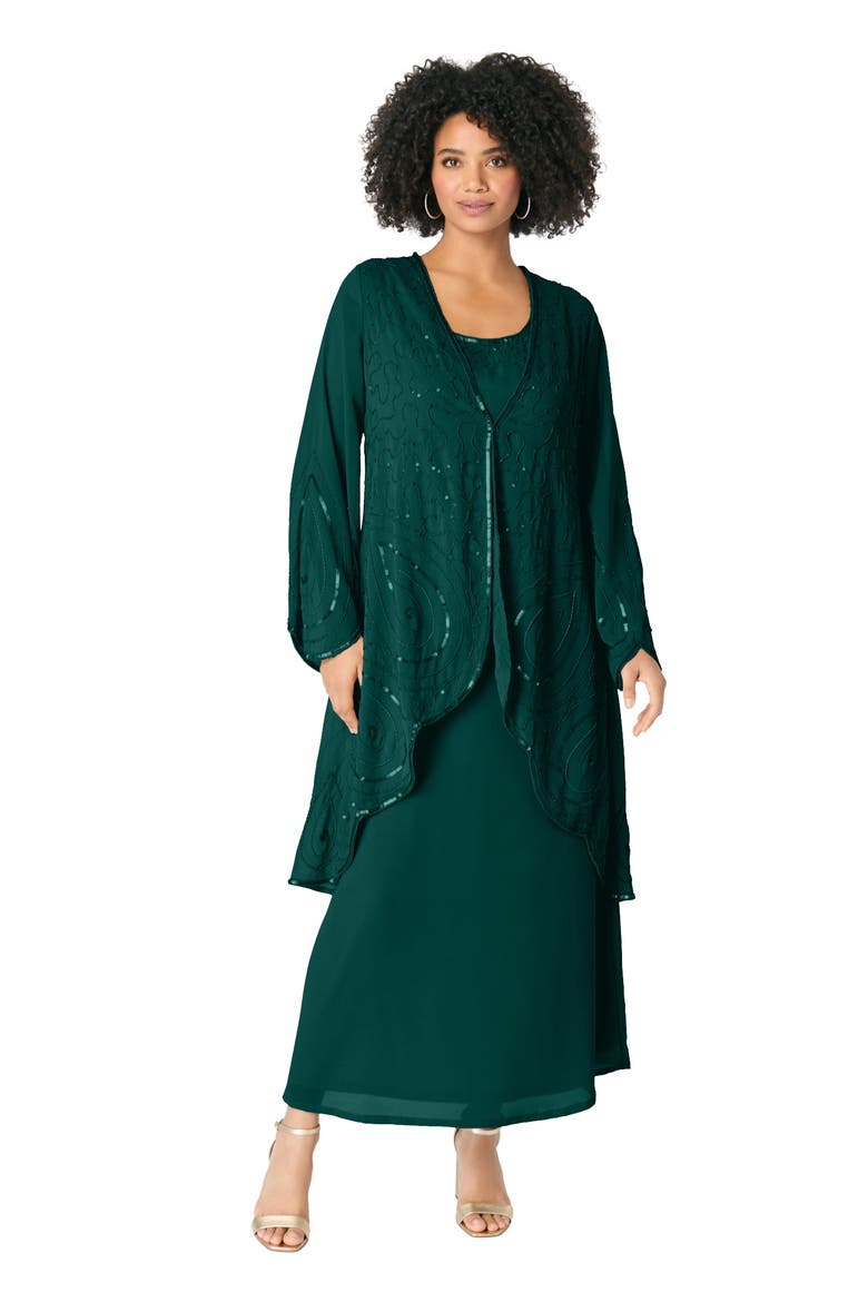 Plus Size 2 Piece Long Sleeve Beaded Georgette Gown Set With Detachable Jacket, Main, color, EMERALD GREEN