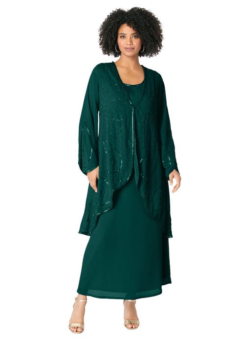 Plus-Size 2 Piece Long Sleeve Beaded Georgette Gown Set With Detachable Jacket