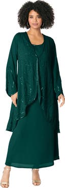 Roaman's Plus Size 2 Piece Long Sleeve Beaded Georgette Gown Set With Detachable Jacket