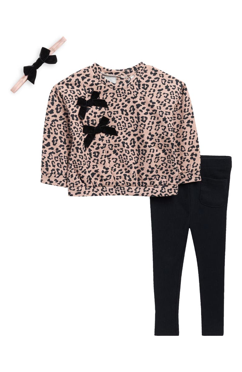 Nicole Miller Leopard Fleece Sweatshirt, Leggings & Headband Set, Main, color, Fawn
