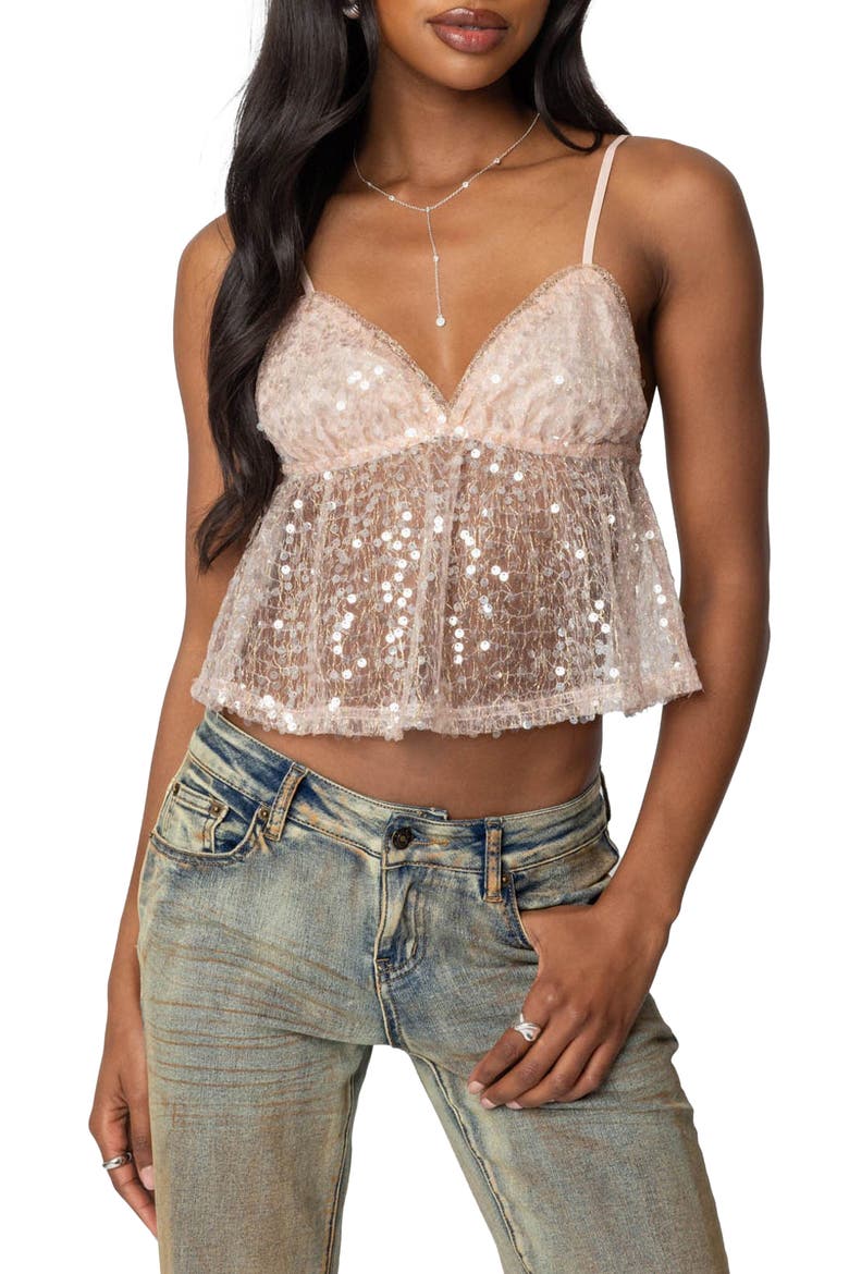Sheer Sequin Babydoll Top, Main, color, PINK