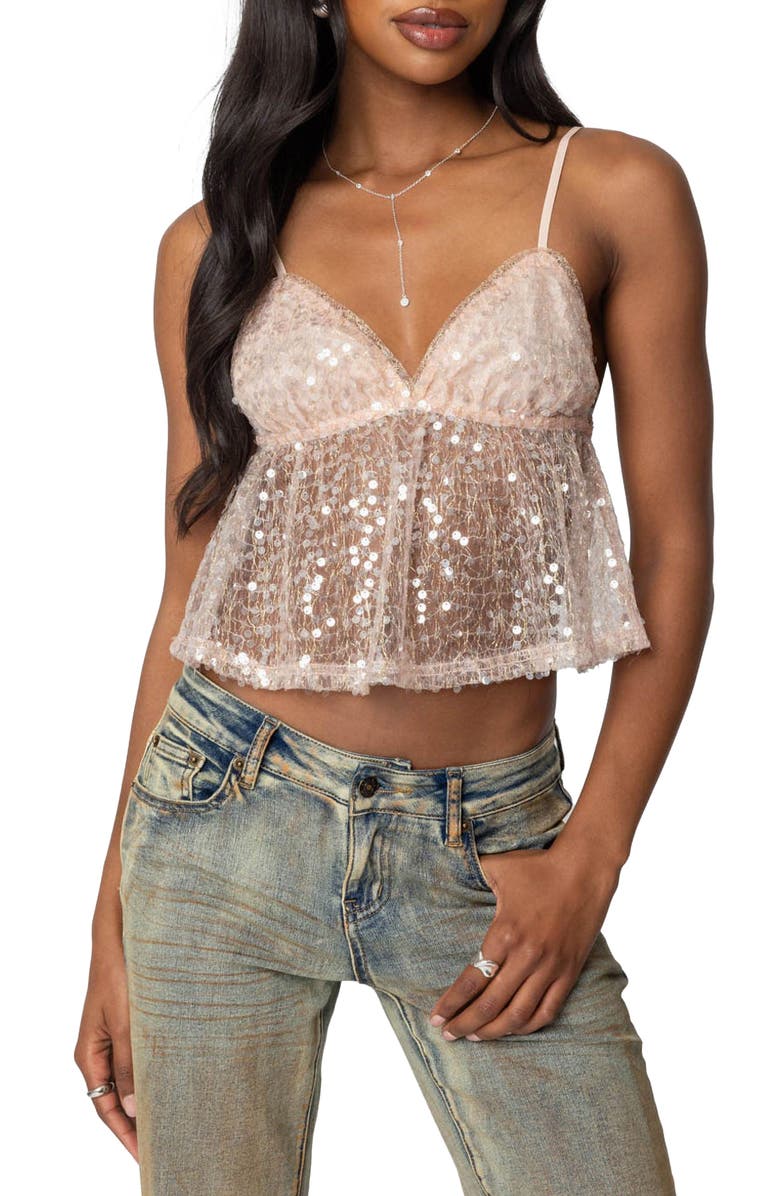 EDIKTED Sheer Sequin Babydoll Top, Main, color, Pink