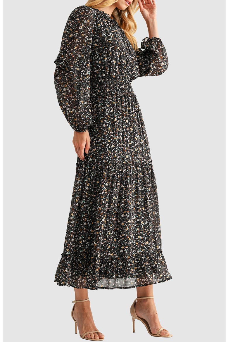 Floral Print Tie Neck Long Sleeve Maxi Dress, Alternate, color, BLACK FLORAL