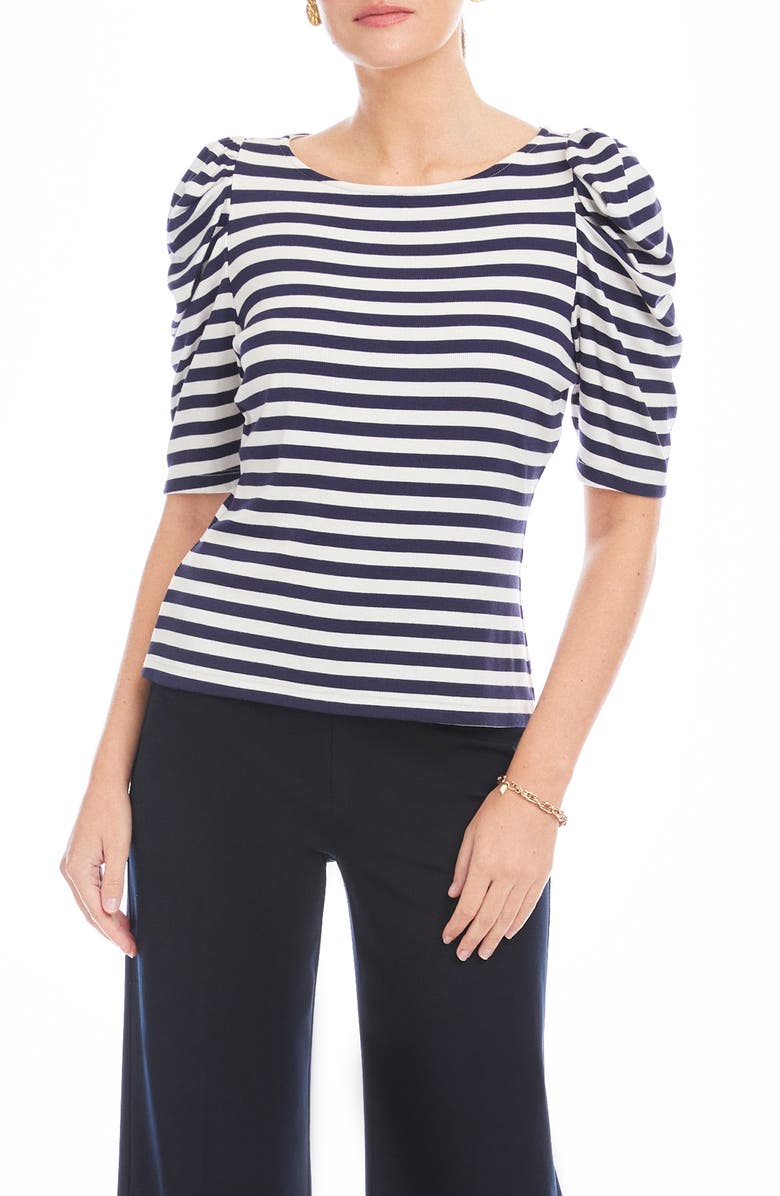 FIFTEEN TWENTY Marni Stripe Ruched Sleeve Rib Top, Main, color, Navy W/ White