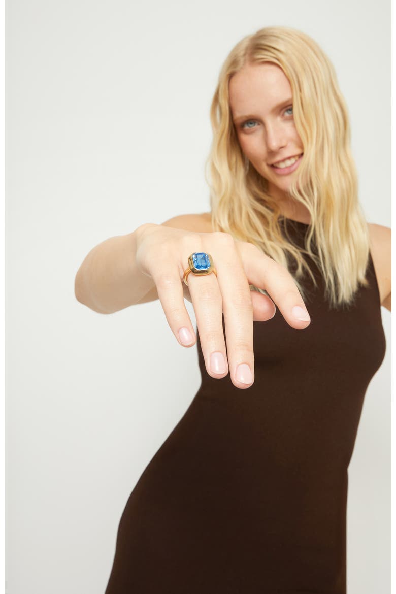 Gold-tone Ring with Emerald-Cut Blue Crystal, Alternate, color, Gold