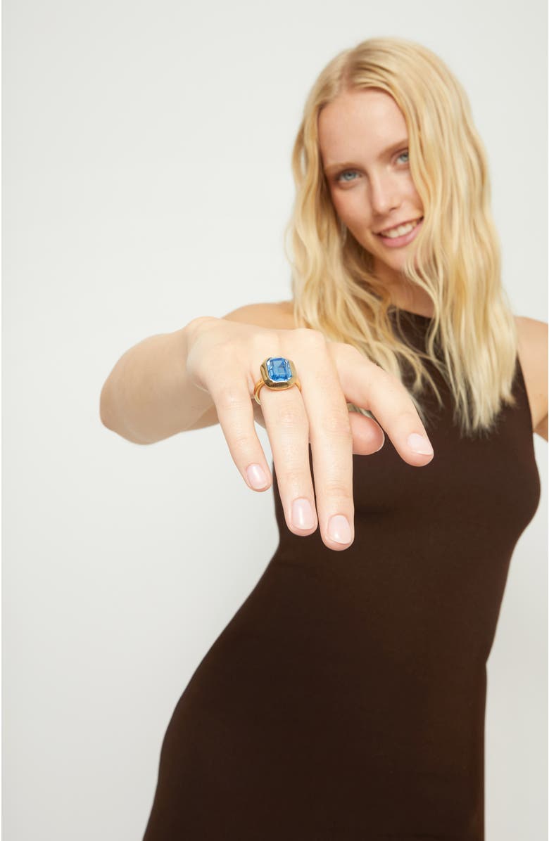 UNODE50 Gold-tone Ring with Emerald-Cut Blue Crystal, Alternate, color, Gold