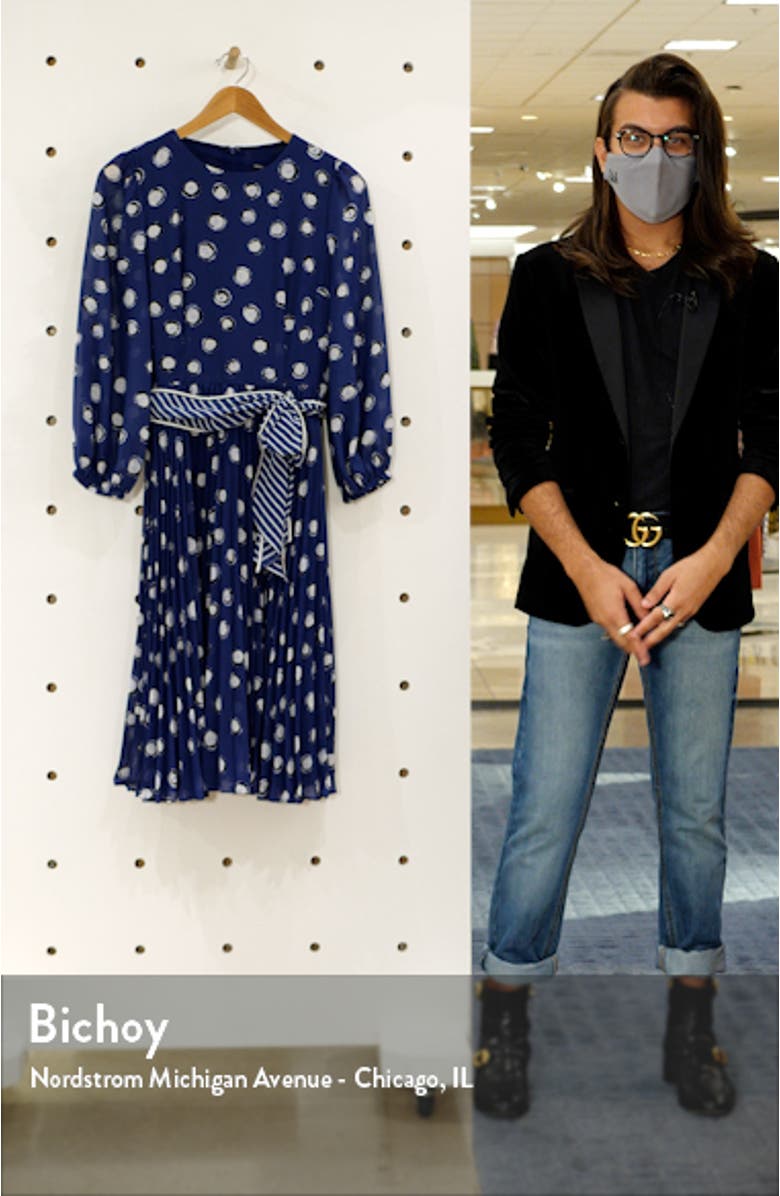 Dot Print Long Sleeve Pleated Midi Dress, sales video thumbnail