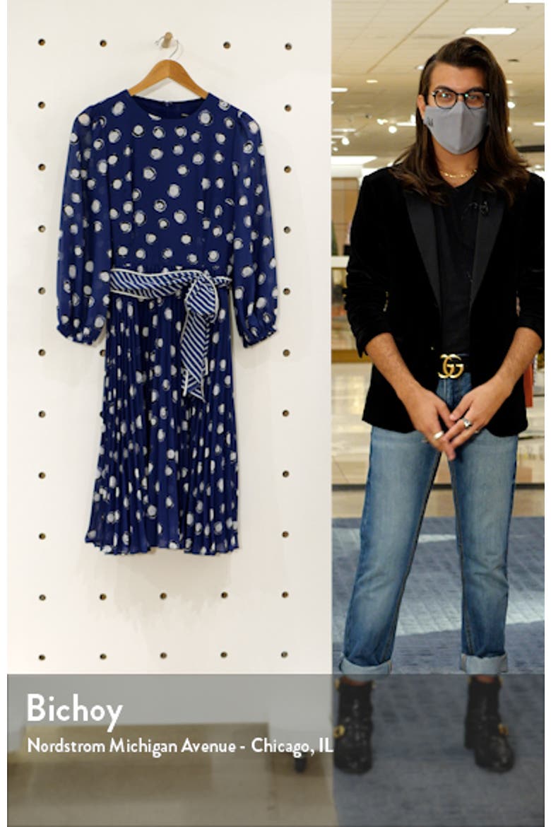 Dot Print Long Sleeve Pleated Midi Dress video