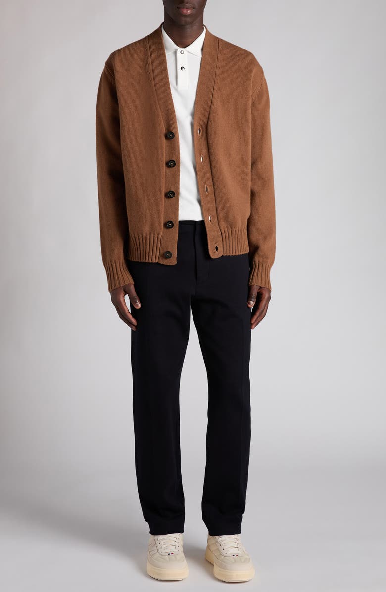 Moncler Logo Patch Virgin Wool Cardigan, Alternate, color, Dull Brown