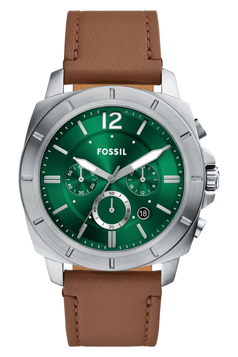 Privateer Chronograph Leather Strap Watch, 45mm, Main, color, SILVER
