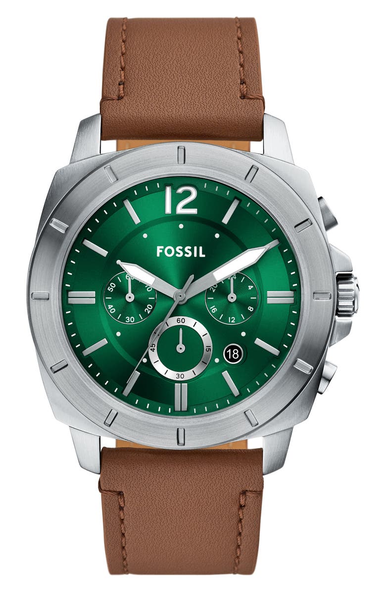 Fossil Privateer Chronograph Leather Strap Watch, 45mm, Main, color, Silver